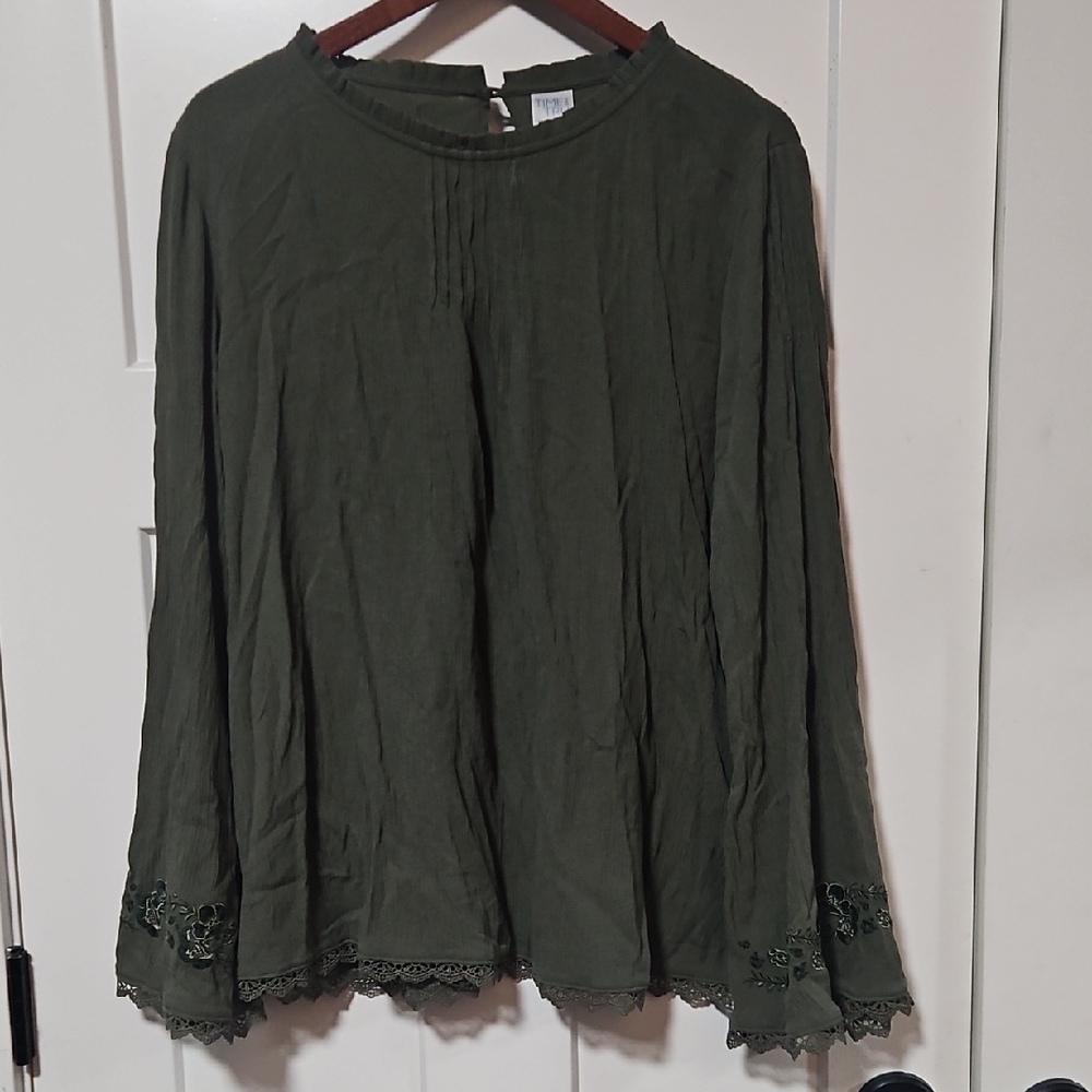 Time and Tru Olive Green Embroidered Lace Trim Peasant Blouse XL